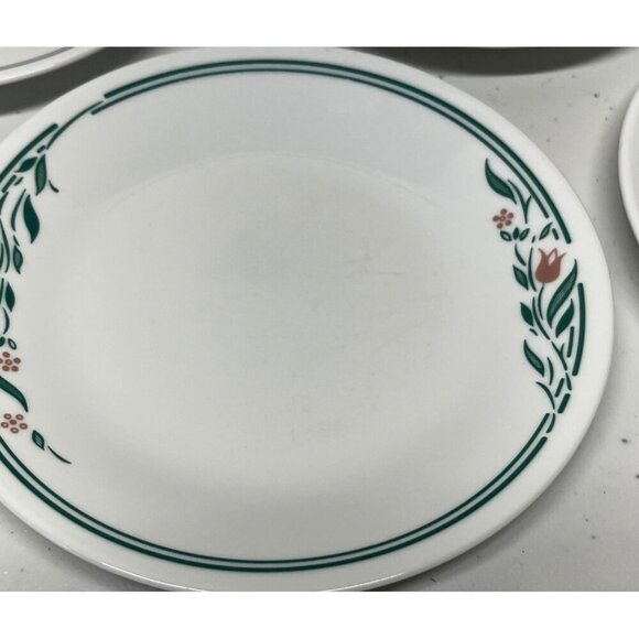 Lot of 5 Corelle Rosemarie 6.75 Inch Dessert Bread Plates Tulip Green Pink VTG - Picture 3 of 10